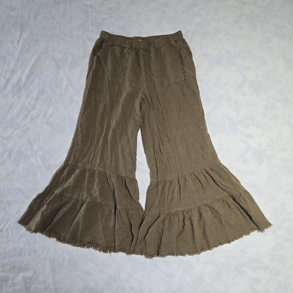 Umgee Linen Blend Ruffle Hem Pants Size Small Pockets Olive Green - Picture 4 of 14